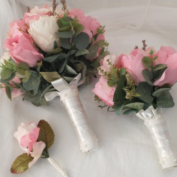 Kit Buquê de Noiva Rosas Champagne e Cor de Rosa – 3 Peças