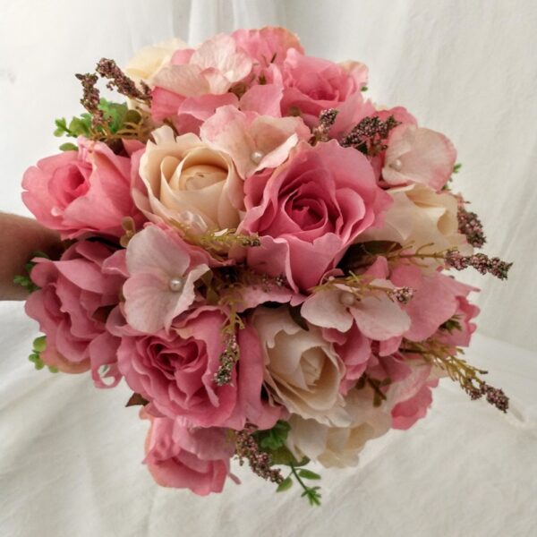 Kit Buquê de Noiva Rosas Champagne e Cor de Rosa – 3 Peças