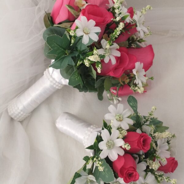 Kit Buquê de Noiva Rosa Botão Pink – 2 Peças