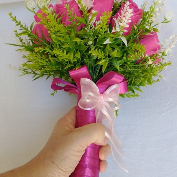 Kit Buquê de Noiva Rosas Cor Pink – 3 Peças