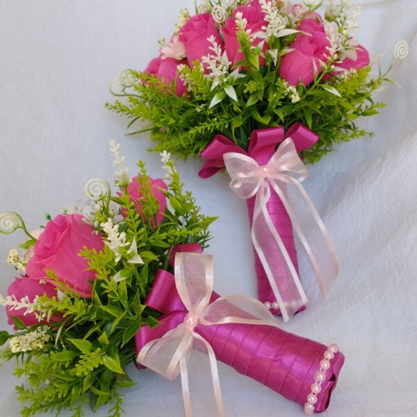 Kit Buquê de Noiva Rosas Cor Pink – 3 Peças