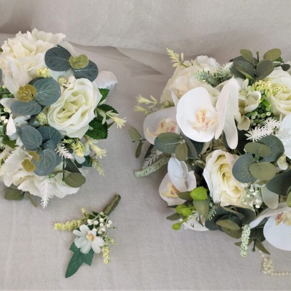 Kit Noiva com Buquê de Flores Brancas – 3 Peças