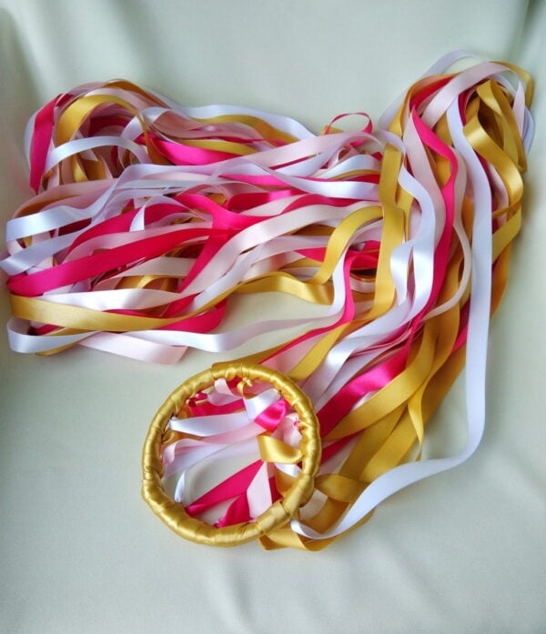 Colorful satin ribbons for wedding decorations or crafts.