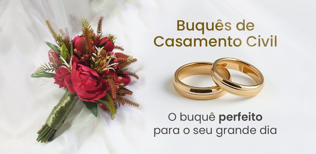 Buquê de casamento civil com anéis de ouro, ideal para dia especial.