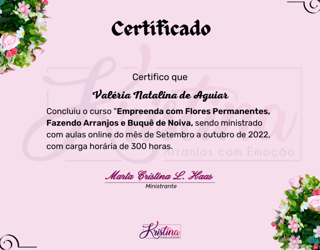 Certificado de curso de arranjos e buquês de casamento com flores, com destaque para nomes e detalhes.